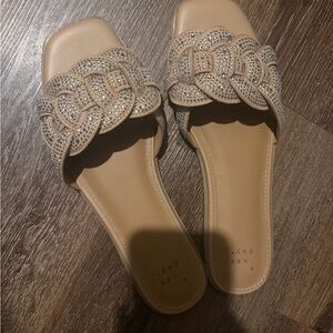 Embellished Braided Slide Sandals in Beige
